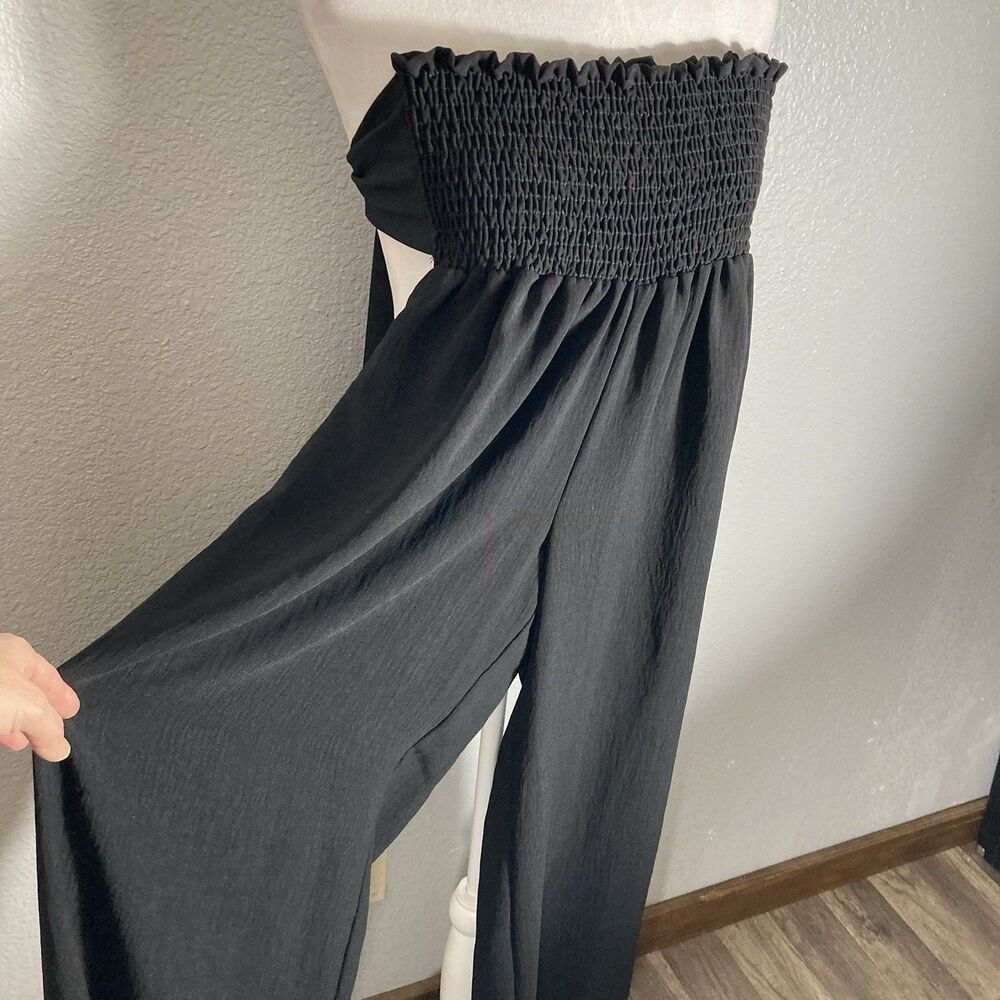 Womens Jumpsuit Strapless Halter Smocked Size M Black Tie Waist Wide Leg Flowy - Picture 3 of 11